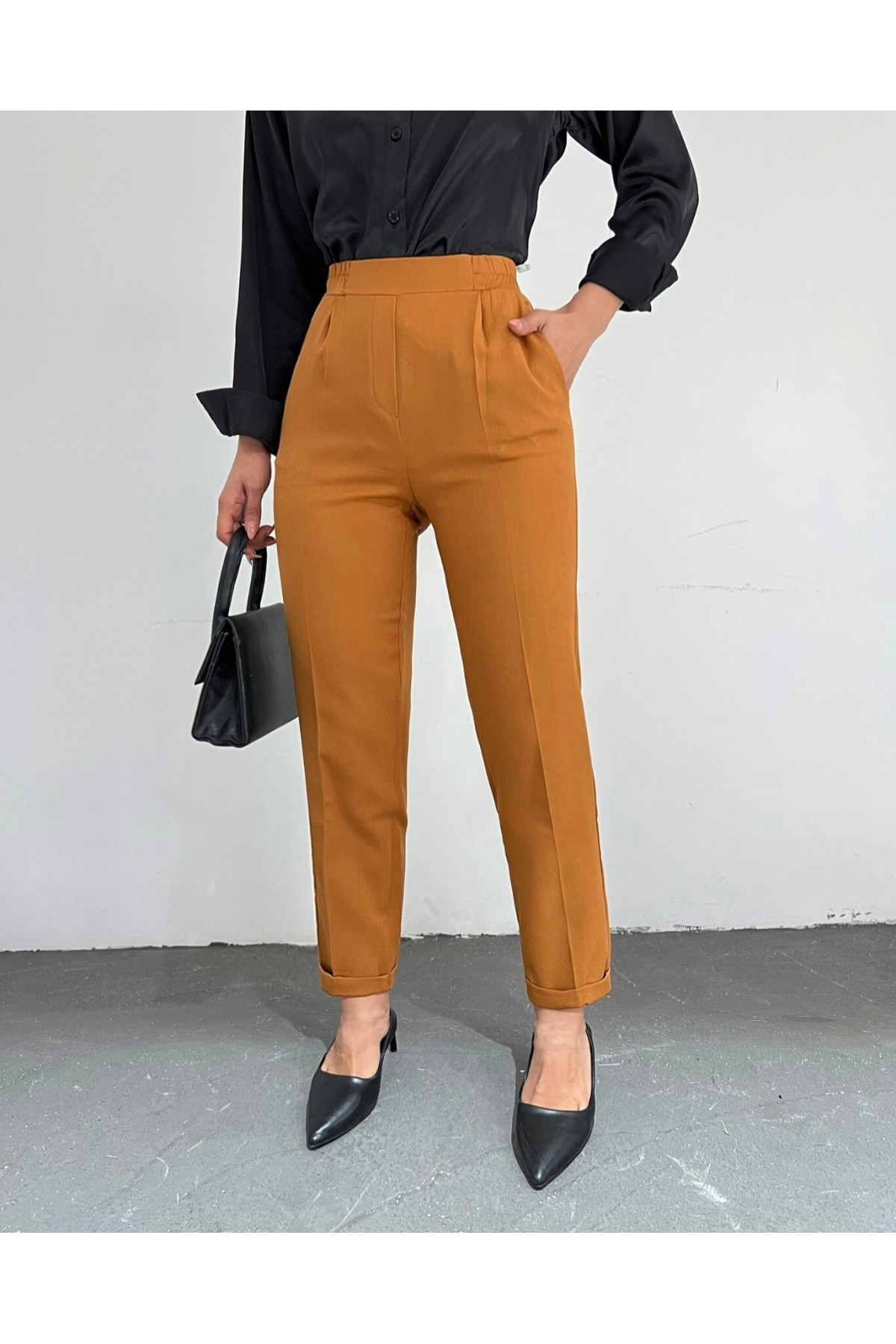 Beli Lastikli Pantolon         -Taba