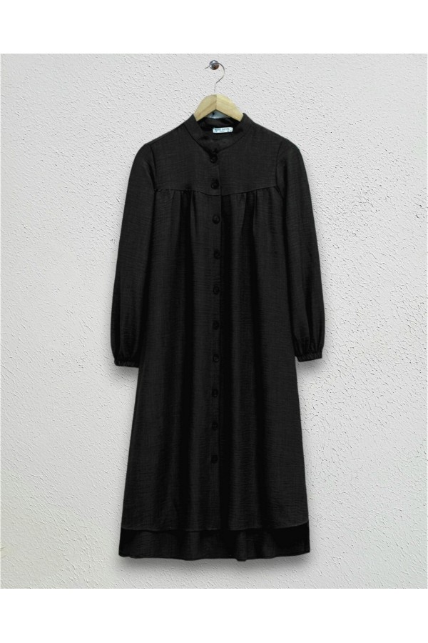 تونيك كريب بأزرار كاملة بياقة القاضي -أسود