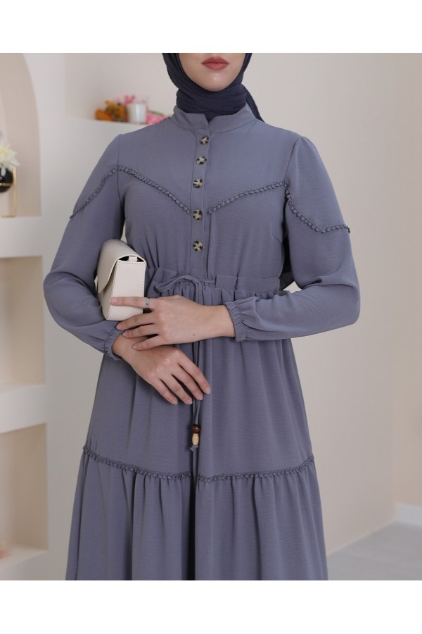 Half Buttoned Lace-Up Dress -Grey