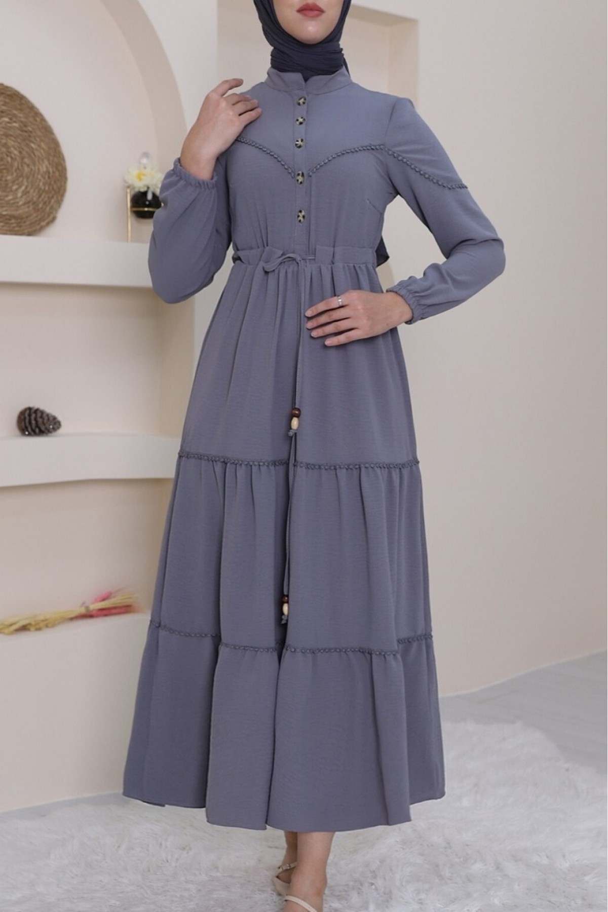 Half Buttoned Lace-Up Dress -Grey