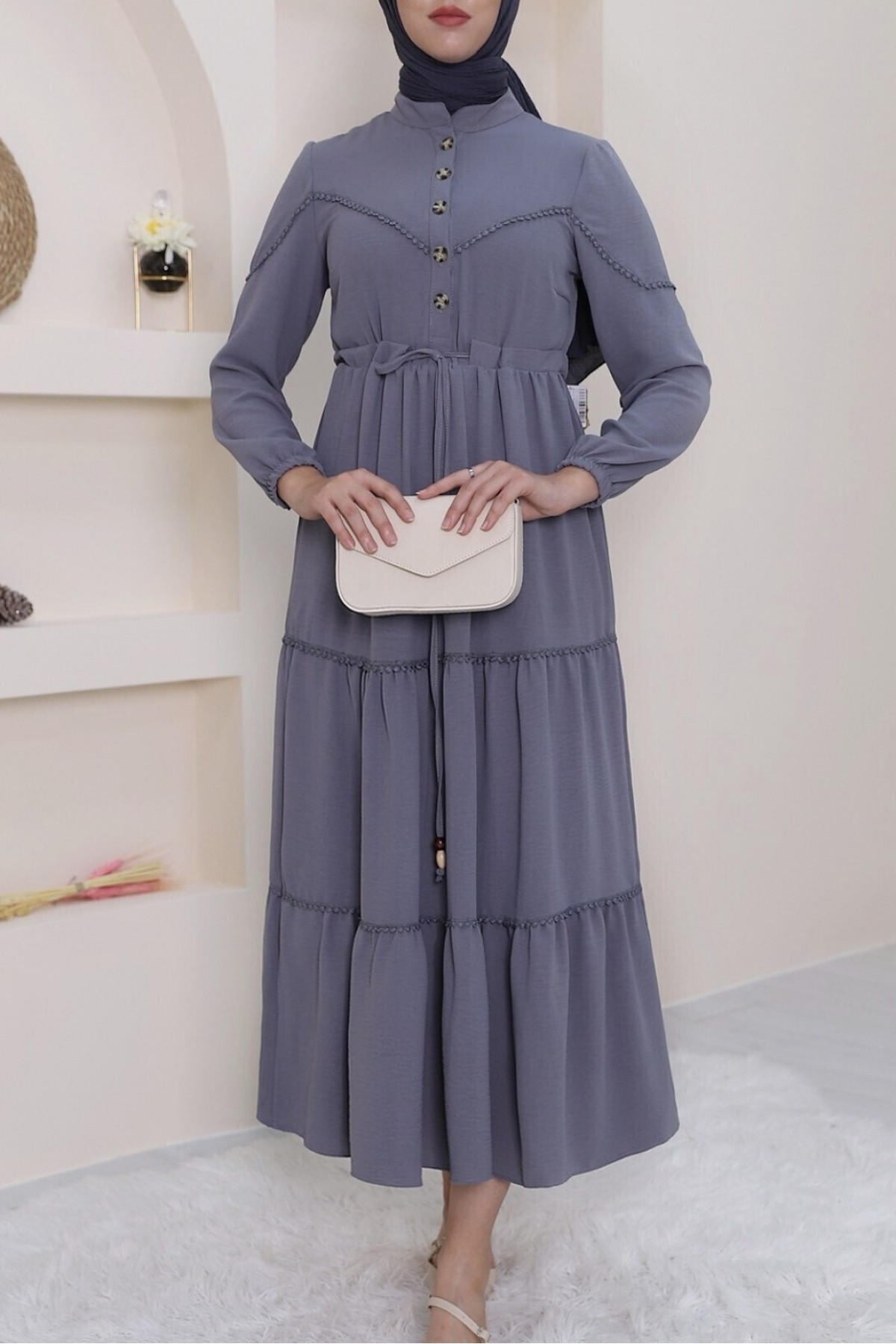 Half Buttoned Lace-Up Dress -Grey