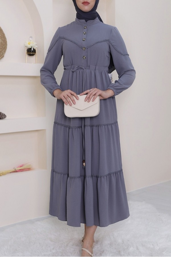 Half Buttoned Lace-Up Dress -Grey
