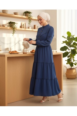 Half Buttoned Lace-Up Dress -Dark blue