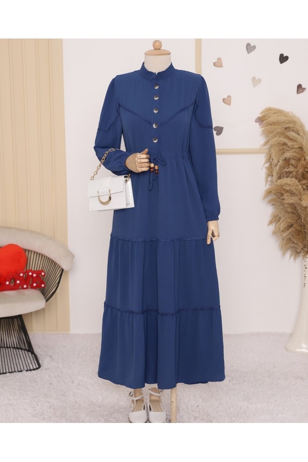 Half Buttoned Lace-Up Dress -Dark blue