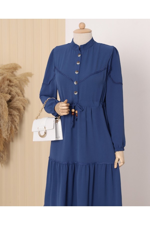 Half Buttoned Lace-Up Dress -Dark blue