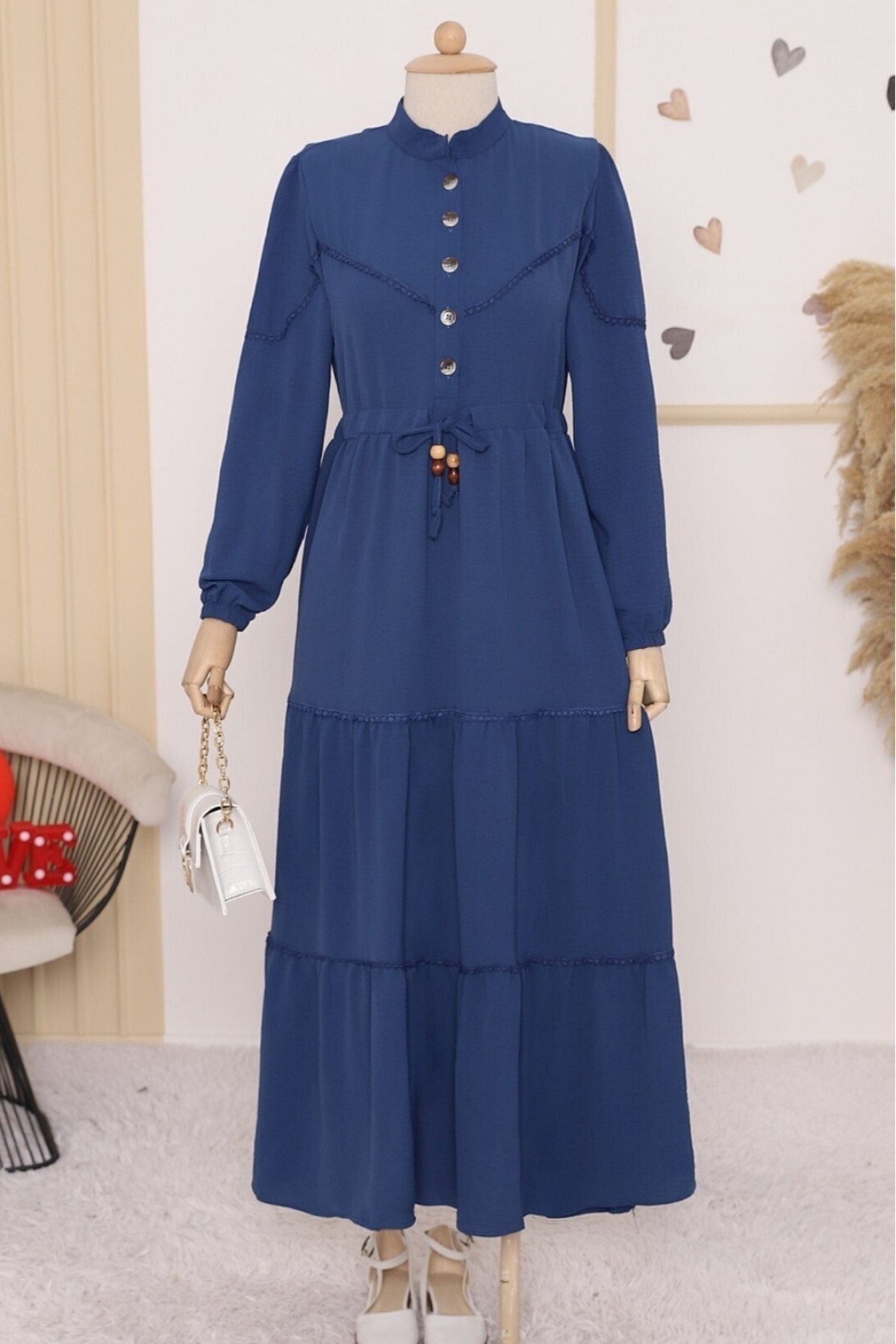 Half Buttoned Lace-Up Dress -Dark blue