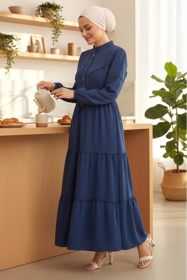 Half Buttoned Lace-Up Dress -Dark blue