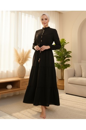 Half Buttoned Lace-Up Dress -Black