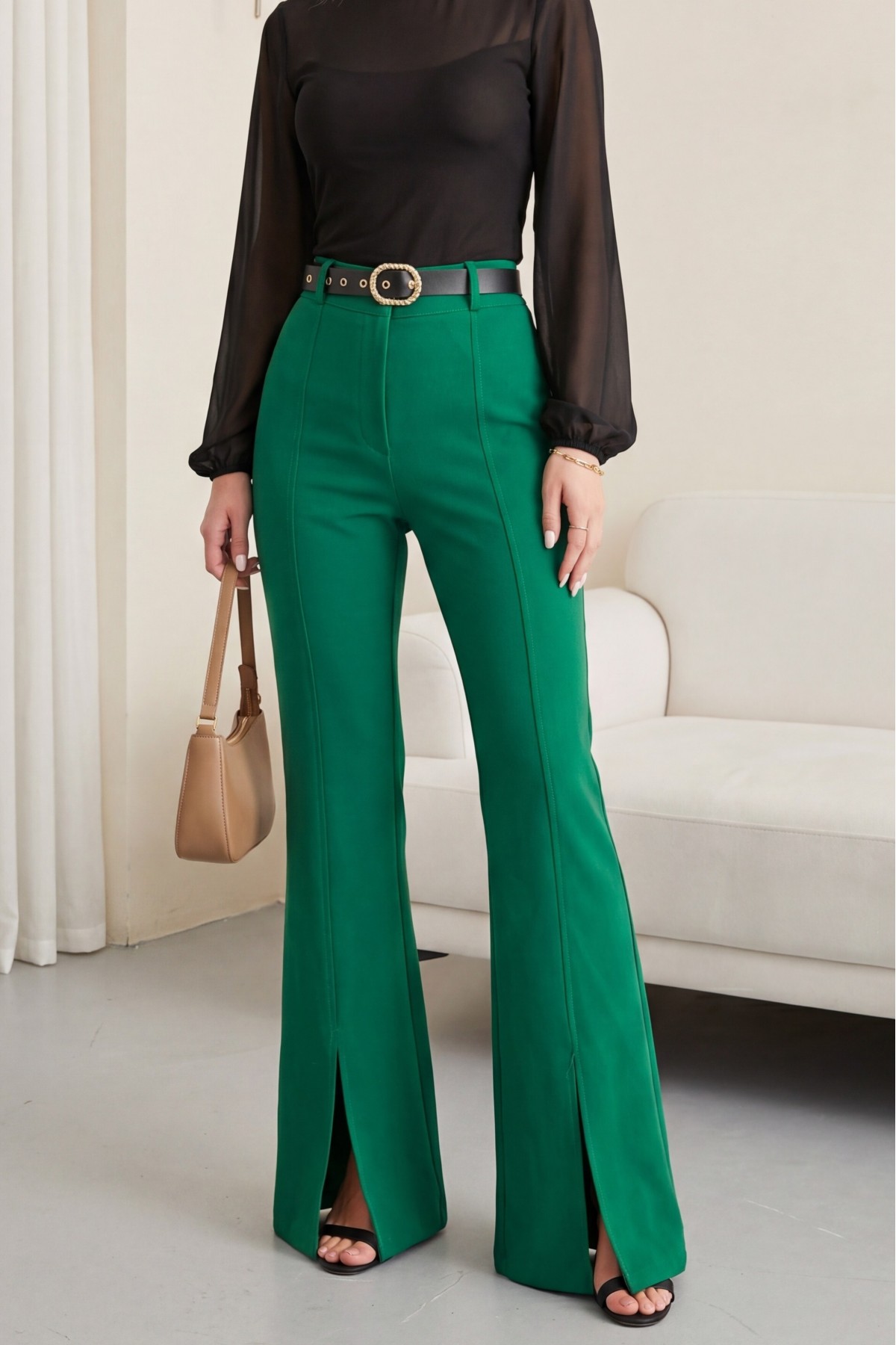 Spanish Leg Slit Belted Trousers -Green