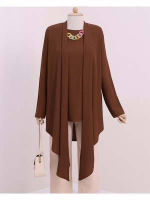 Shawl Collar Asymmetric Cut Necklace Crinkle Tunic -Brown