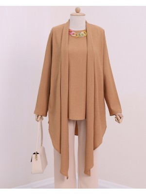 Shawl Collar Asymmetric Cut Necklace Crinkle Tunic -Cinnamon