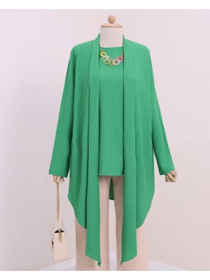 Shawl Collar Asymmetric Cut Necklace Crinkle Tunic -Green