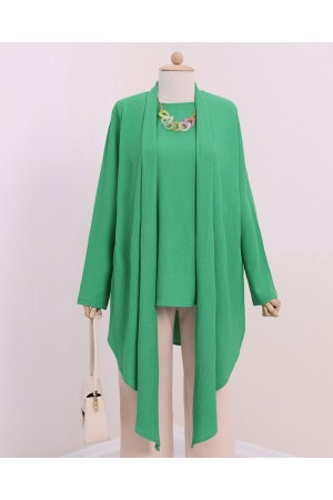 Şal Yaka Asimetrik Kesim Kolyeli Krınkıl Tunik -Yeşil