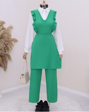 Önü Fırfırlı Yarım Düğmeli Gömlek Yaka İkili Krınkıl Takım -Yeşil