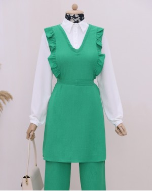 Önü Fırfırlı Yarım Düğmeli Gömlek Yaka İkili Krınkıl Takım -Yeşil