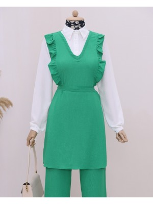 Önü Fırfırlı Yarım Düğmeli Gömlek Yaka İkili Krınkıl Takım -Yeşil