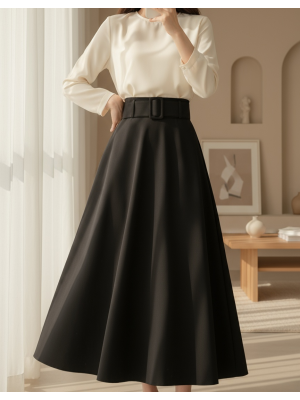 Kalın Kemerli Bol Kiloş İthal Krep Etek -Siyah