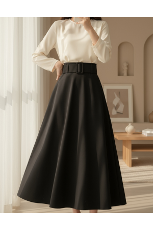 Kalın Kemerli Bol Kiloş İthal Krep Etek -أسود