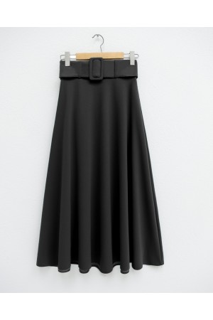 Kalın Kemerli Bol Kiloş İthal Krep Etek -أسود