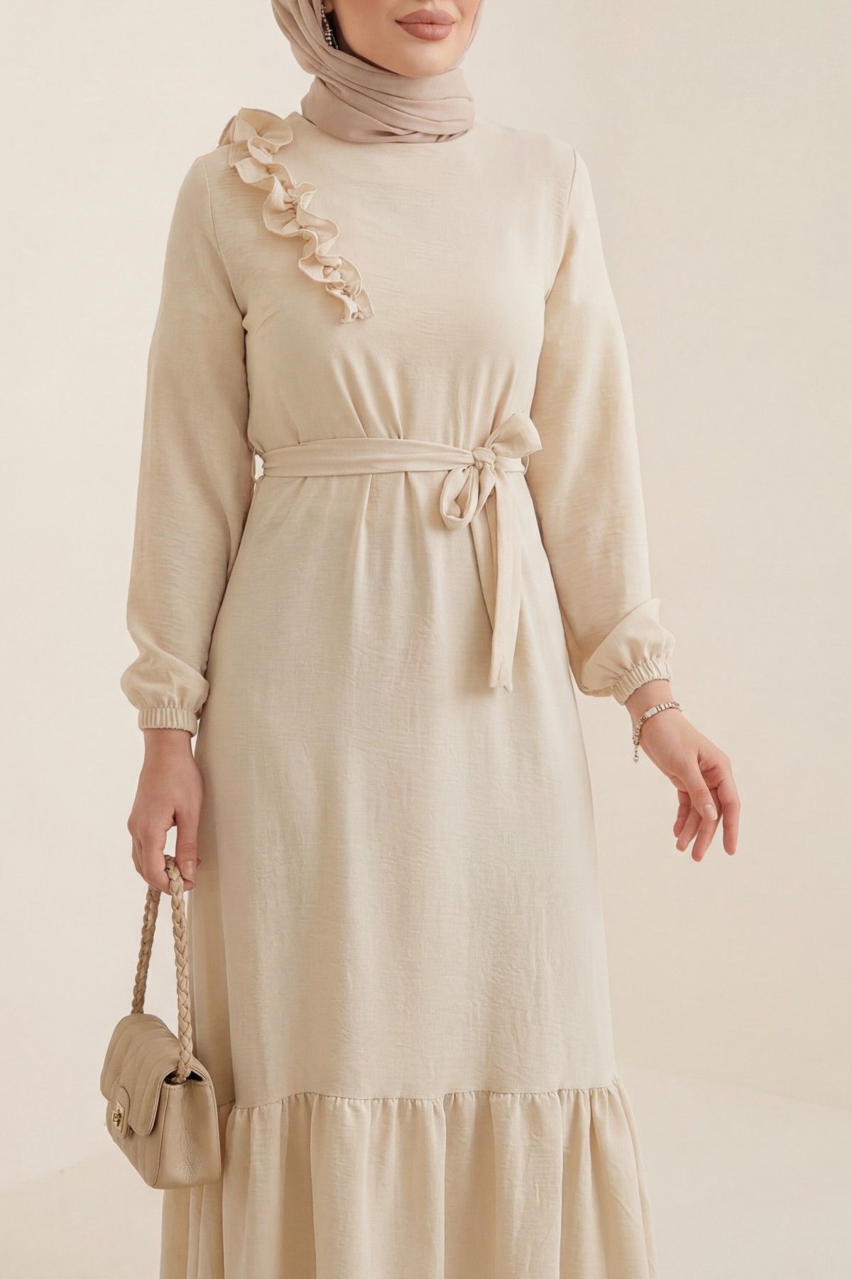 Ruffle Stone Detailed Piece Skirt Belted Ayrobin Dress -Ecru