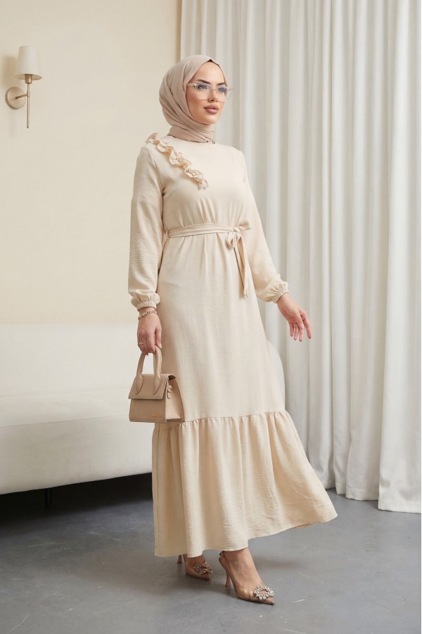 Ruffle Stone Detailed Piece Skirt Belted Ayrobin Dress -Ecru