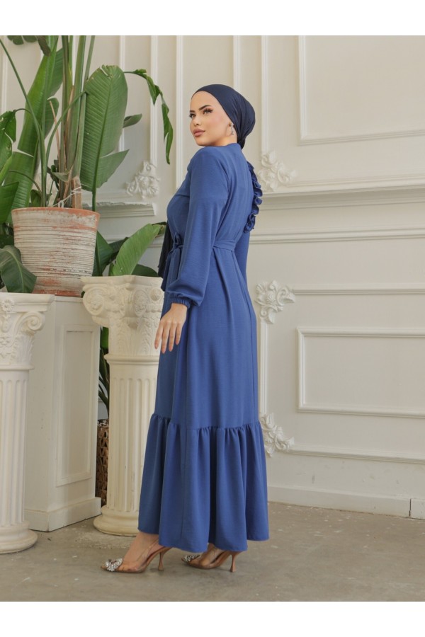 Ruffle Stone Detailed Piece Skirt Belted Ayrobin Dress -İndigo