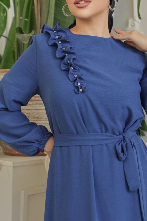 Ruffle Stone Detailed Piece Skirt Belted Ayrobin Dress -İndigo