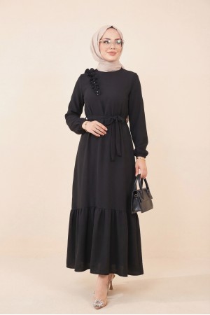 فستان أيروبين مزين بتنورة مكشكشة وحزام -أسود