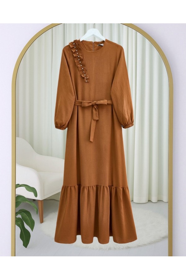 Ruffle Stone Detailed Piece Skirt Belted Ayrobin Dress -Snuff