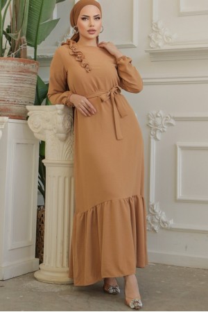 Fırfır Taş Detaylı Parça Eteklii Kemerli Ayrobin Elbise -Taba