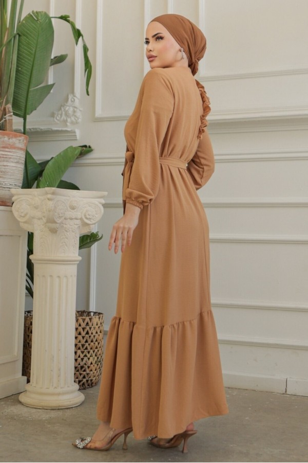 Ruffle Stone Detailed Piece Skirt Belted Ayrobin Dress -Snuff