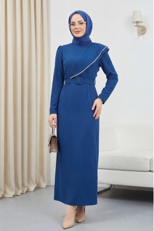 Taş işlemeli Kemerli Krep Elbise -İndigo