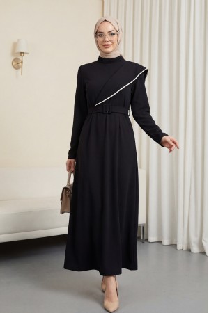 Taş işlemeli Kemerli Krep Elbise -Siyah