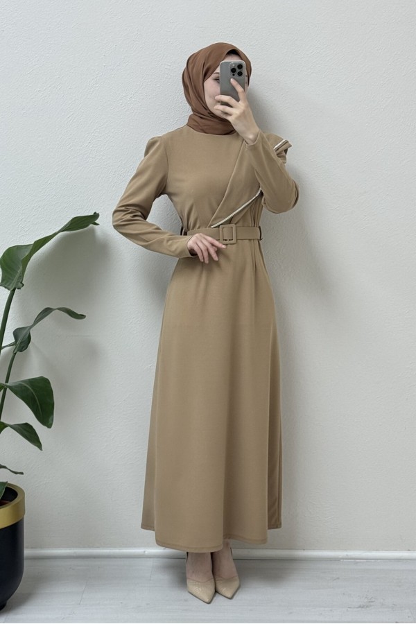 Stone embroidered Belted Crepe Dress -Mink color
