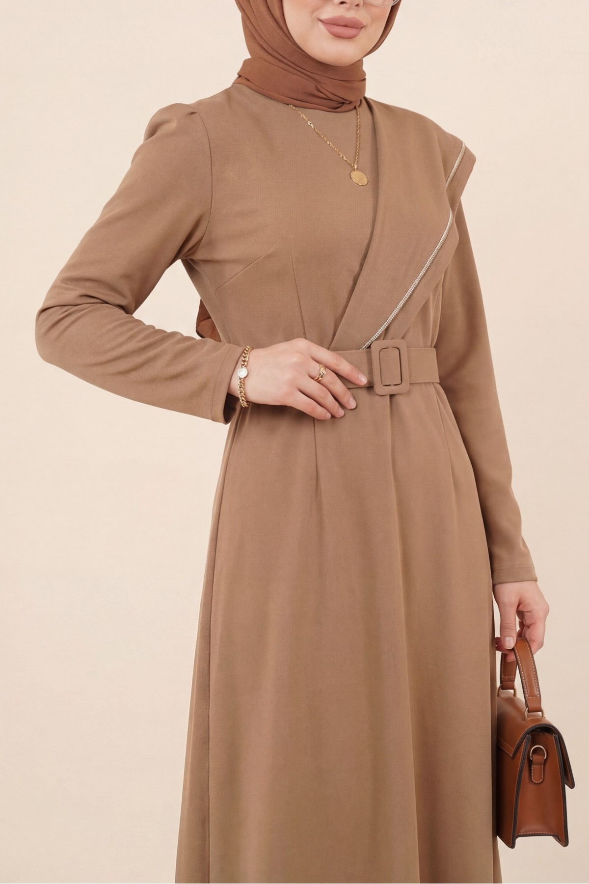 Stone embroidered Belted Crepe Dress -Mink color