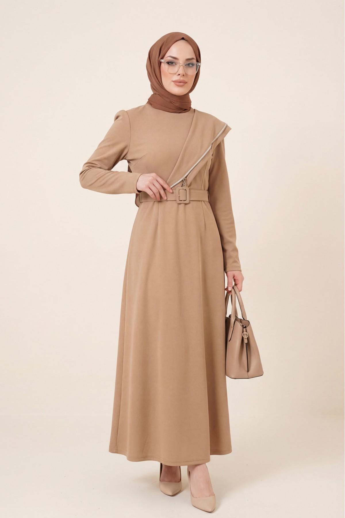 Stone embroidered Belted Crepe Dress -Mink color