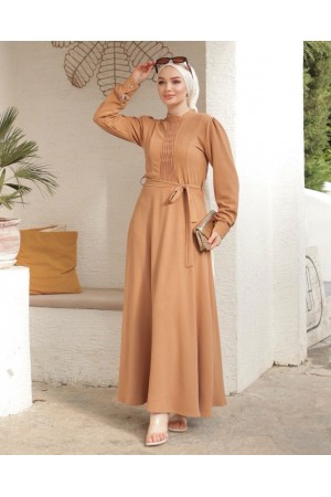 Çıma Detaylı Kemerli Ayrobin Elbise  -Tarçın