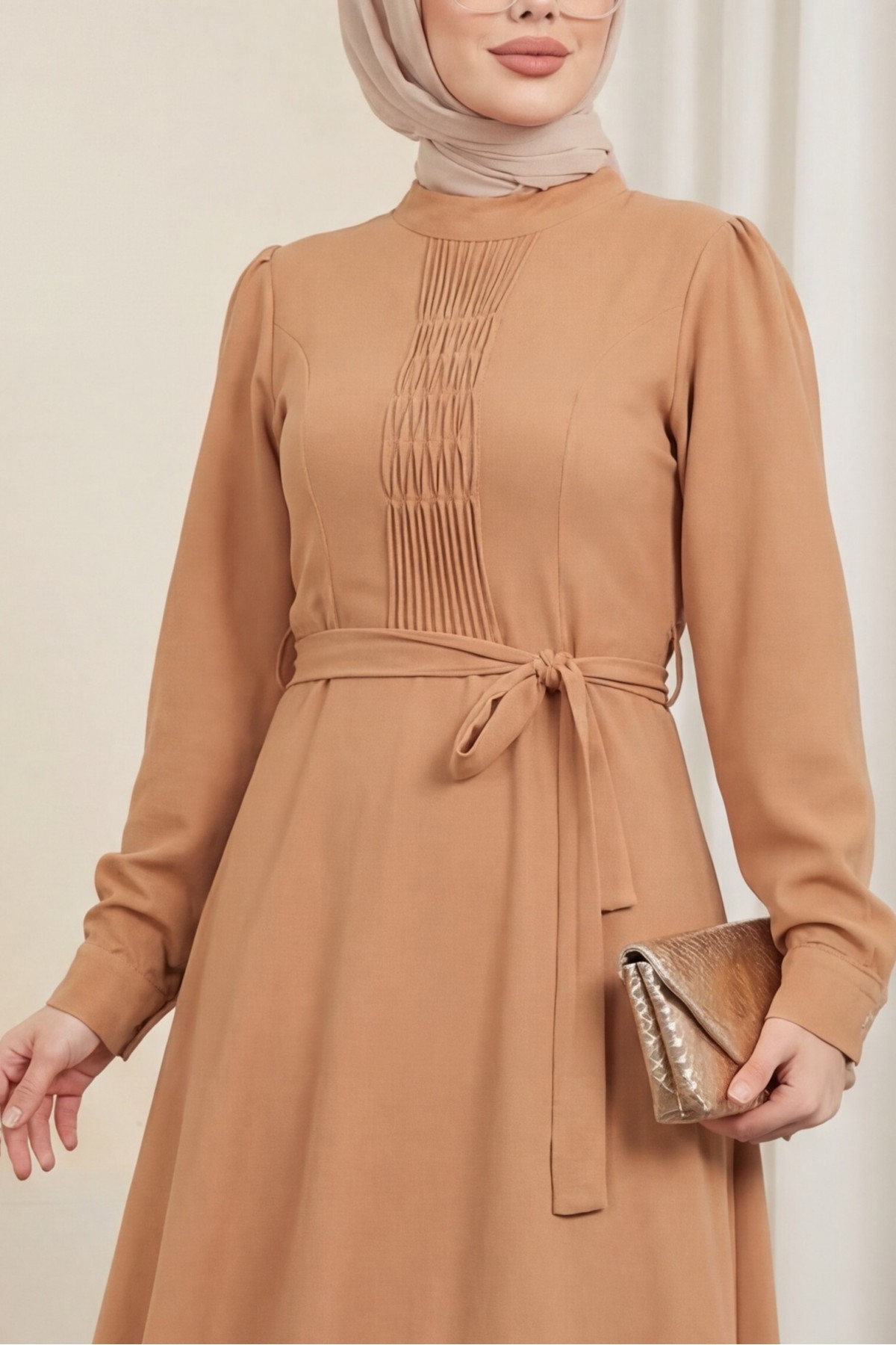 Belted Ayrobin Dress with Çima Detail  -Cinnamon