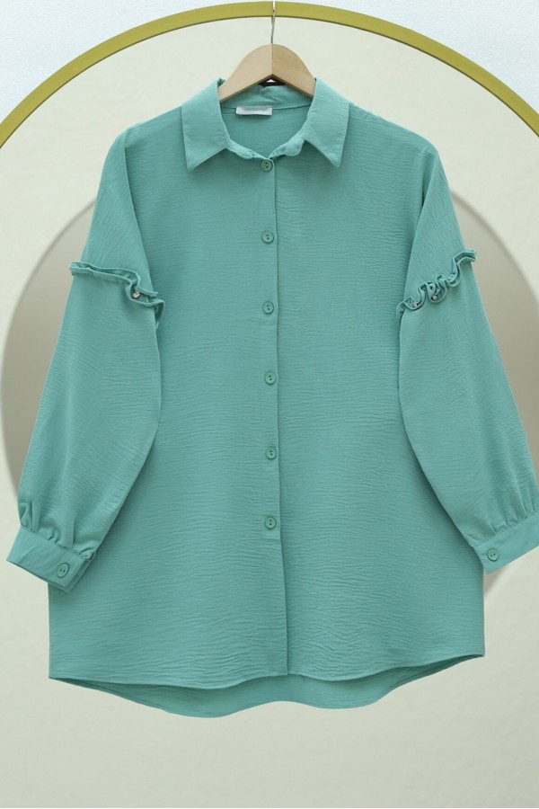 Casual Ayrobin Tunic with Stoned Frills on Sleeves -Cagla Green