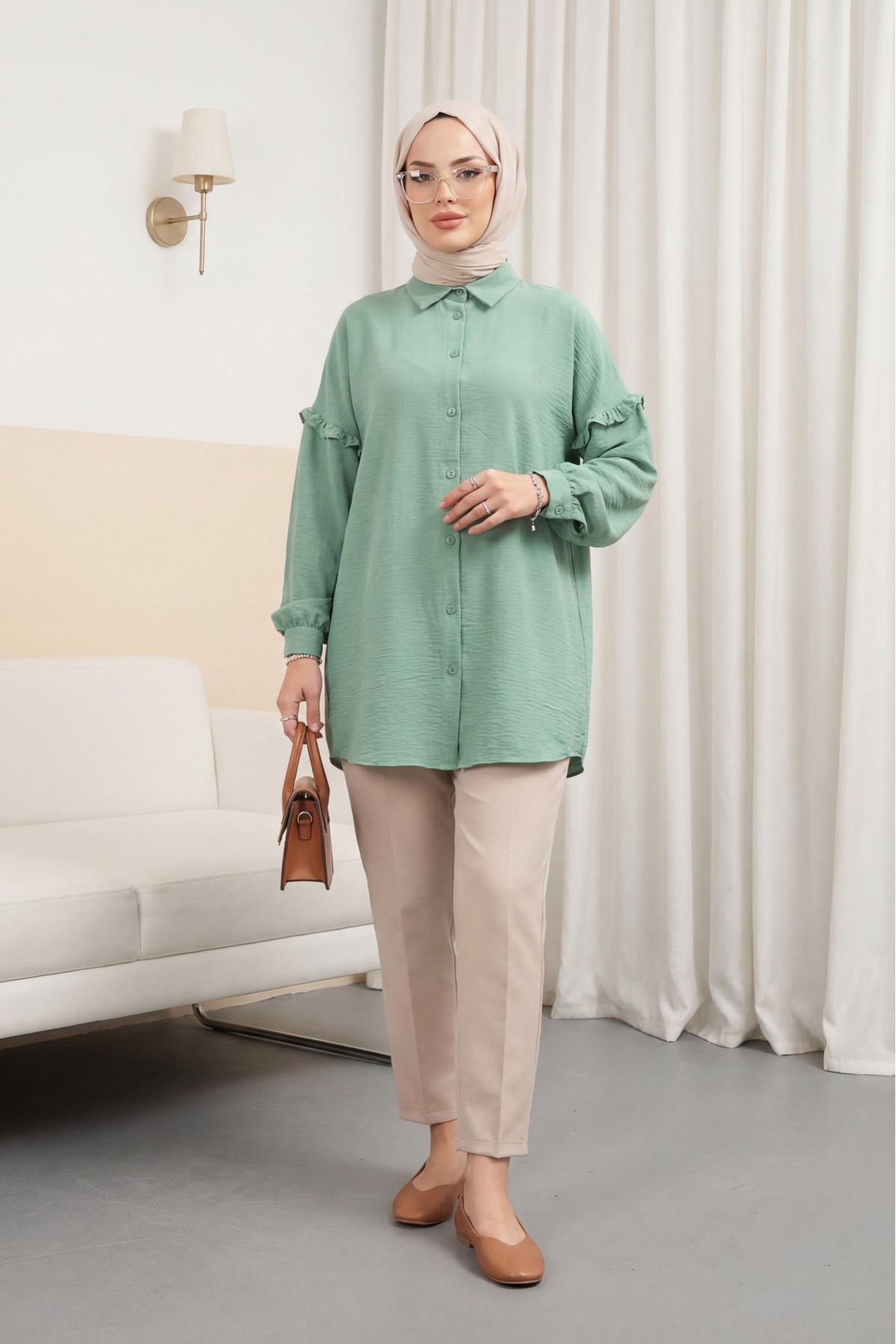 Casual Ayrobin Tunic with Stoned Frills on Sleeves -Cagla Green