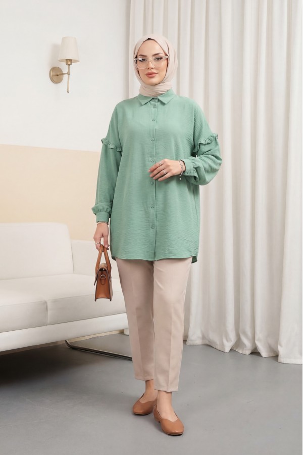 Casual Ayrobin Tunic with Stoned Frills on Sleeves -Cagla Green