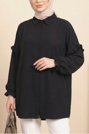 Kolları Taşlı Fırfırlı salaş Ayrobin Tunik  -Siyah