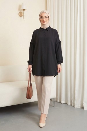 تونيك أيروبين كاجوال بأكمام مكشكشة ومرصعة -أسود