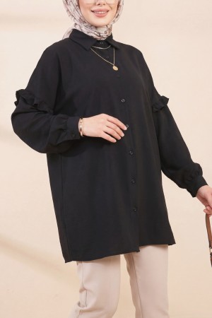 تونيك أيروبين كاجوال بأكمام مكشكشة ومرصعة -أسود