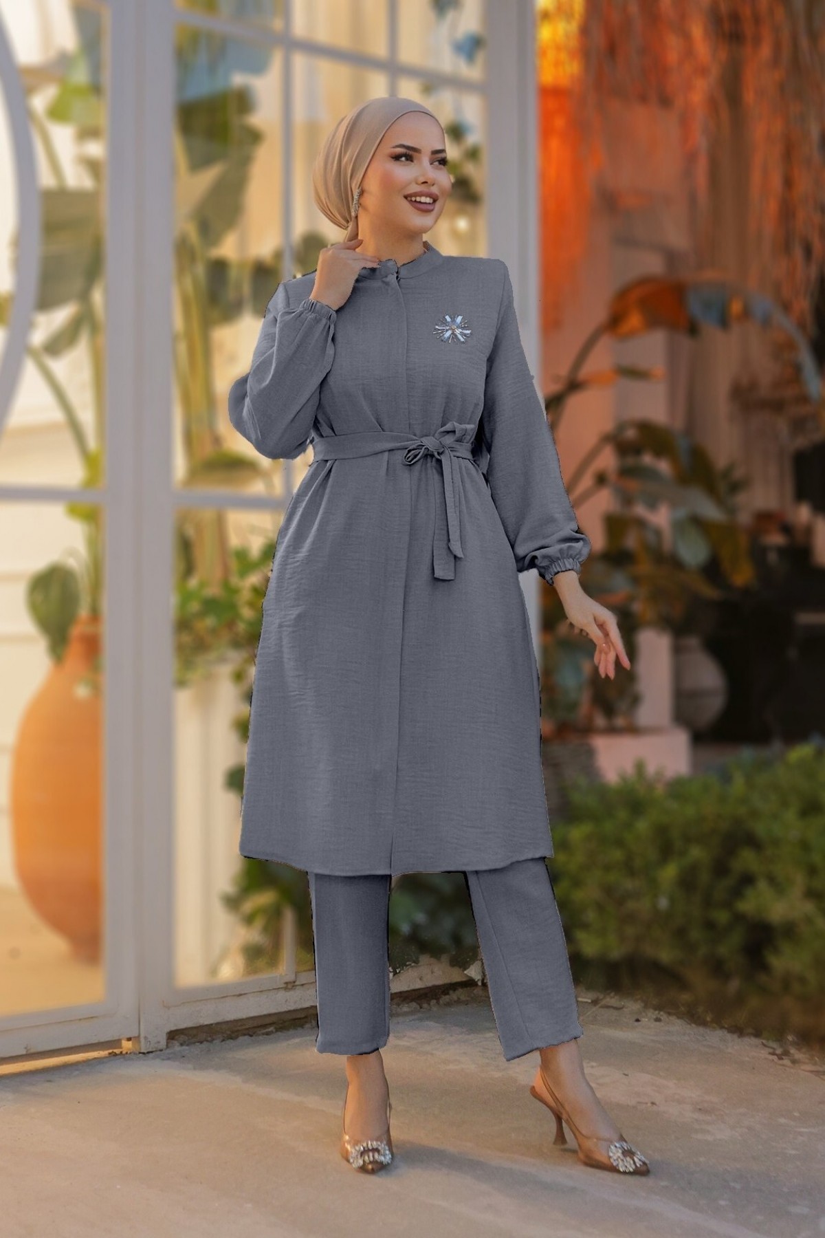 Brooched Linen Tunic -Grey