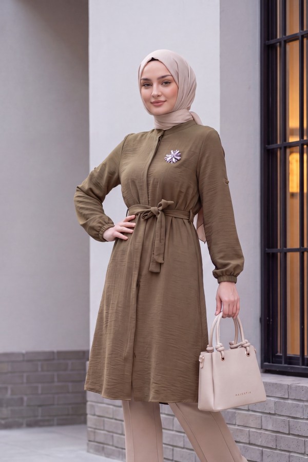 Broşlu Keten Görünümlü Tunik -Vizon
