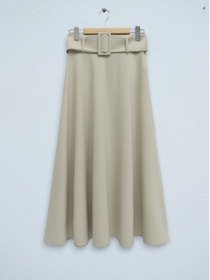 Kalın Kemerli Bol Kiloş İthal Krep Etek  -Bej