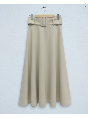 Kalın Kemerli Bol Kiloş İthal Krep Etek  -Bej