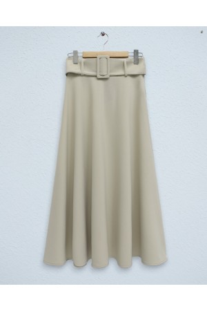 Kalın Kemerli Bol Kiloş İthal Krep Etek  -Bej