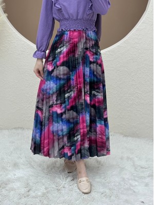 Dijital Baskılı Pliseli Etek -Pembe